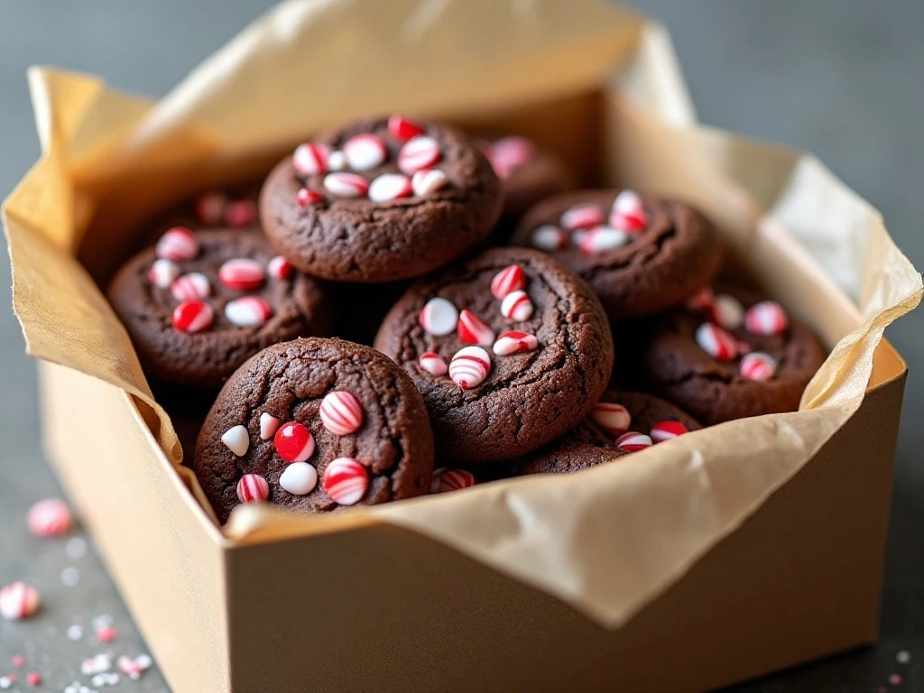 Chewy candy cane cookies stored in a holiday cookie tin