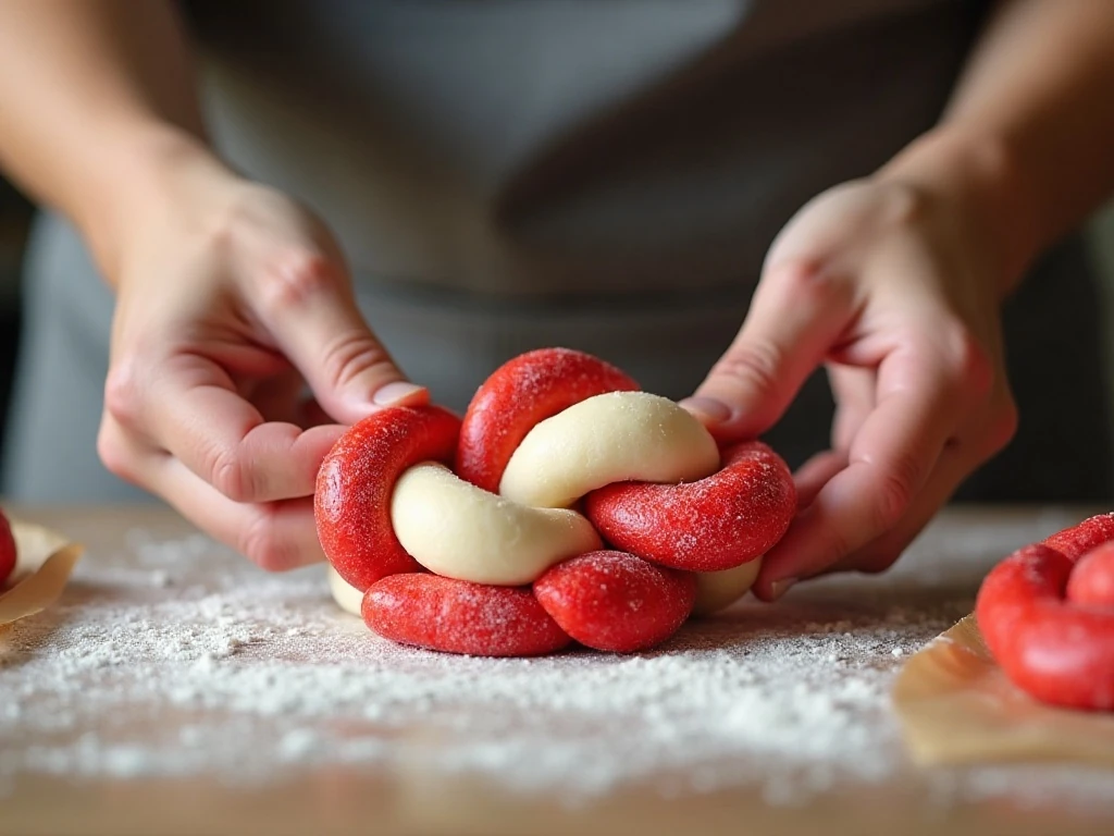 Twisting red and white dough ropes for candy cane cookies