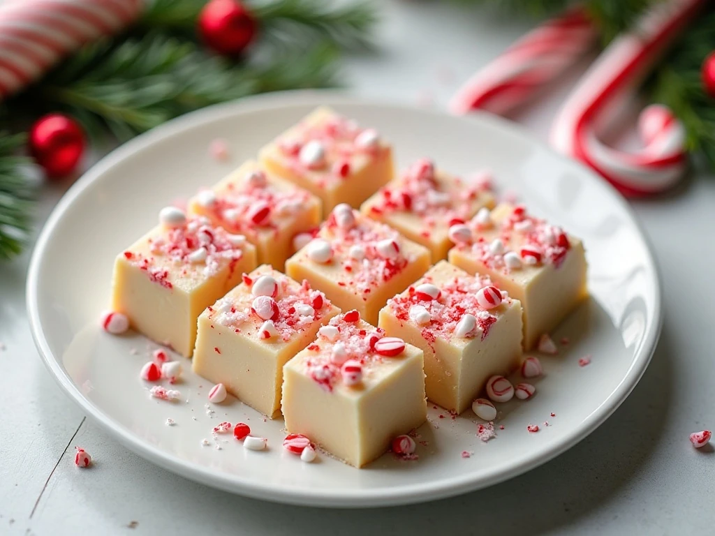 Small squares of creamy three-ingredient candy cane fudge on a festive plate