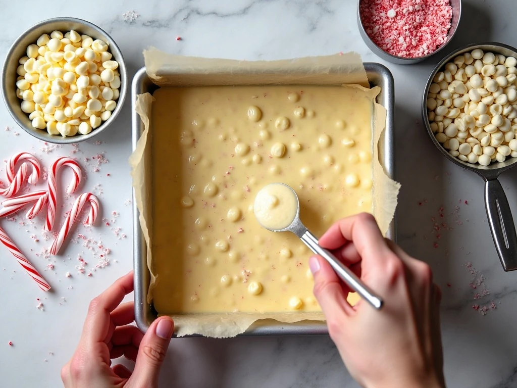 White chocolate chips condensed milk and crushed candy canes for peppermint fudge