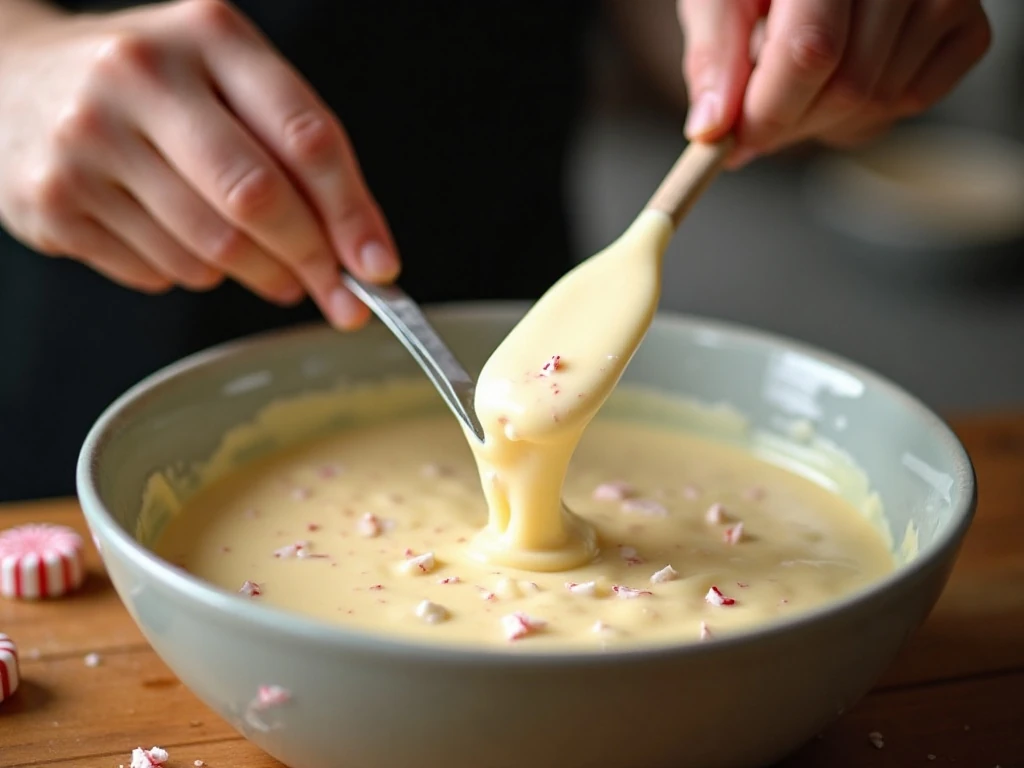 Smooth white chocolate fudge mixture being stirred before adding crushed candy canes