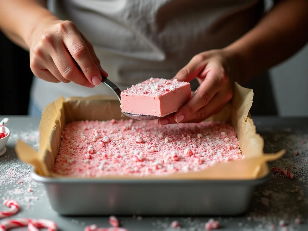 Peppermint fudge spread in a lined square pan with candy cane topping