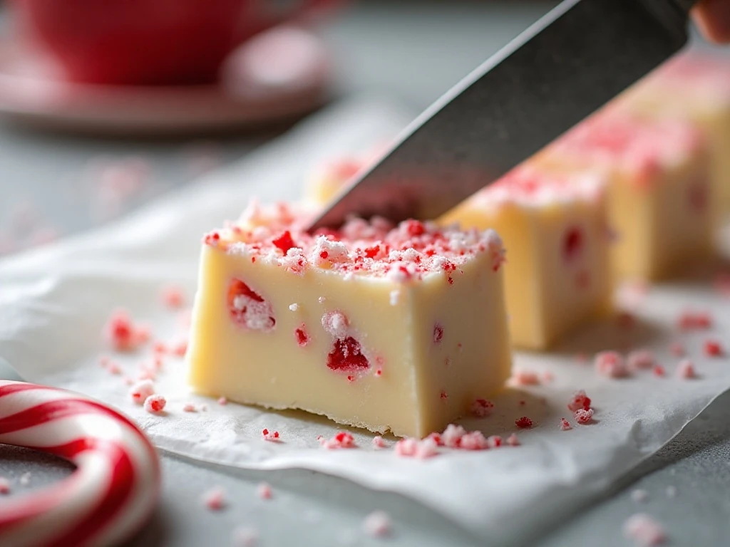 Cleanly cut candy cane fudge square with crunchy peppermint topping