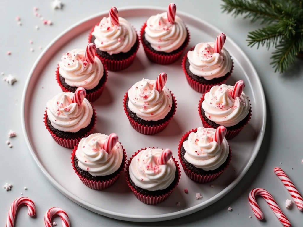 A platter of festive candy cane ice cream cupcakes with whipped cream and peppermint candy