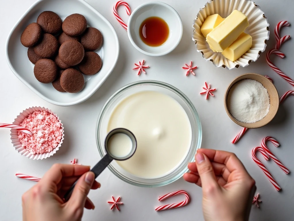 Ingredients for candy cane ice cream cupcakes arranged for preparation