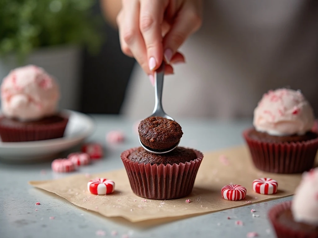 Pressing chocolate cookie crust into paper-lined muffin cups for frozen cupcakes