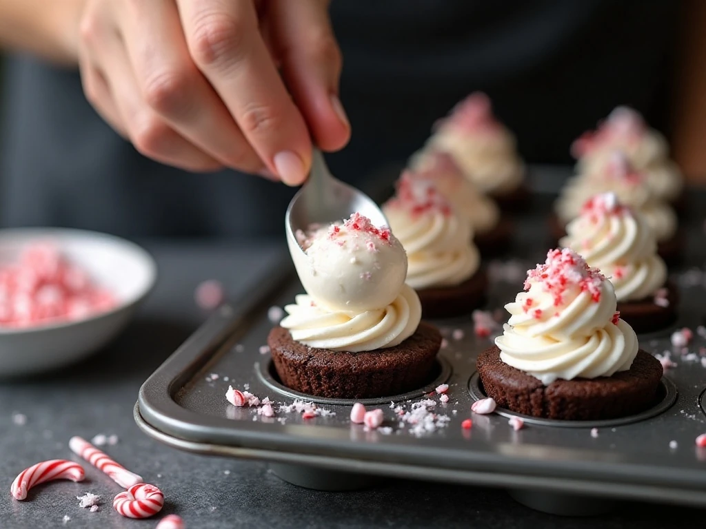 Layering softened peppermint ice cream over chocolate cookie crusts