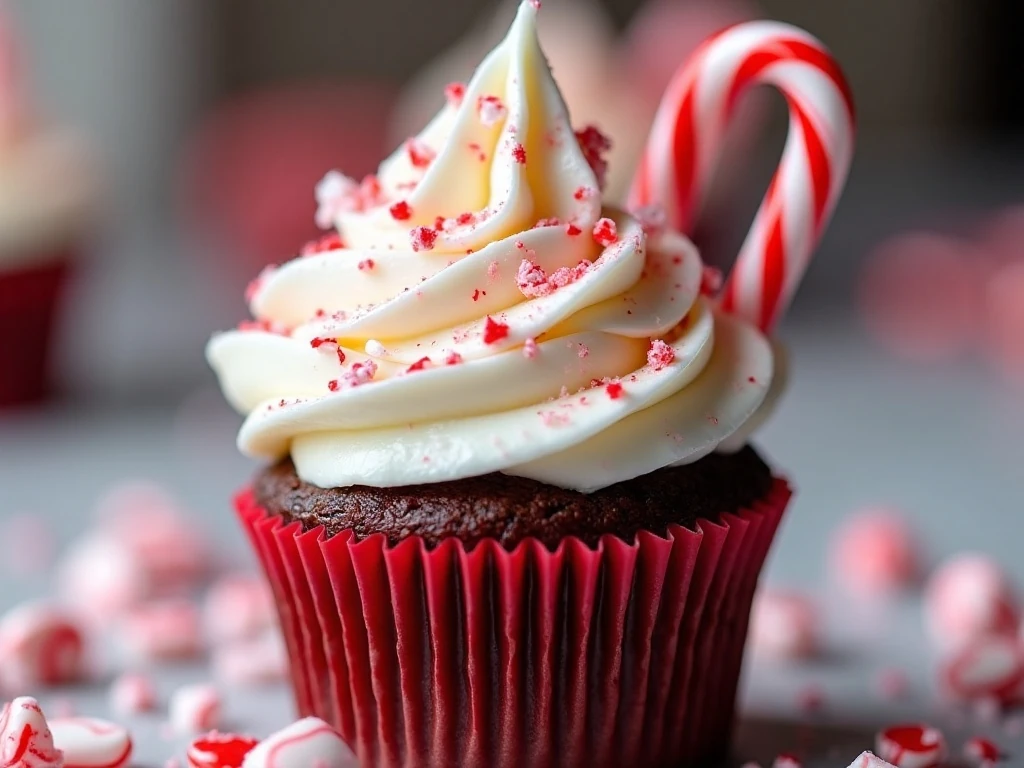 Close-up of whipped cream and candy cane garnish on a peppermint ice cream cupcake