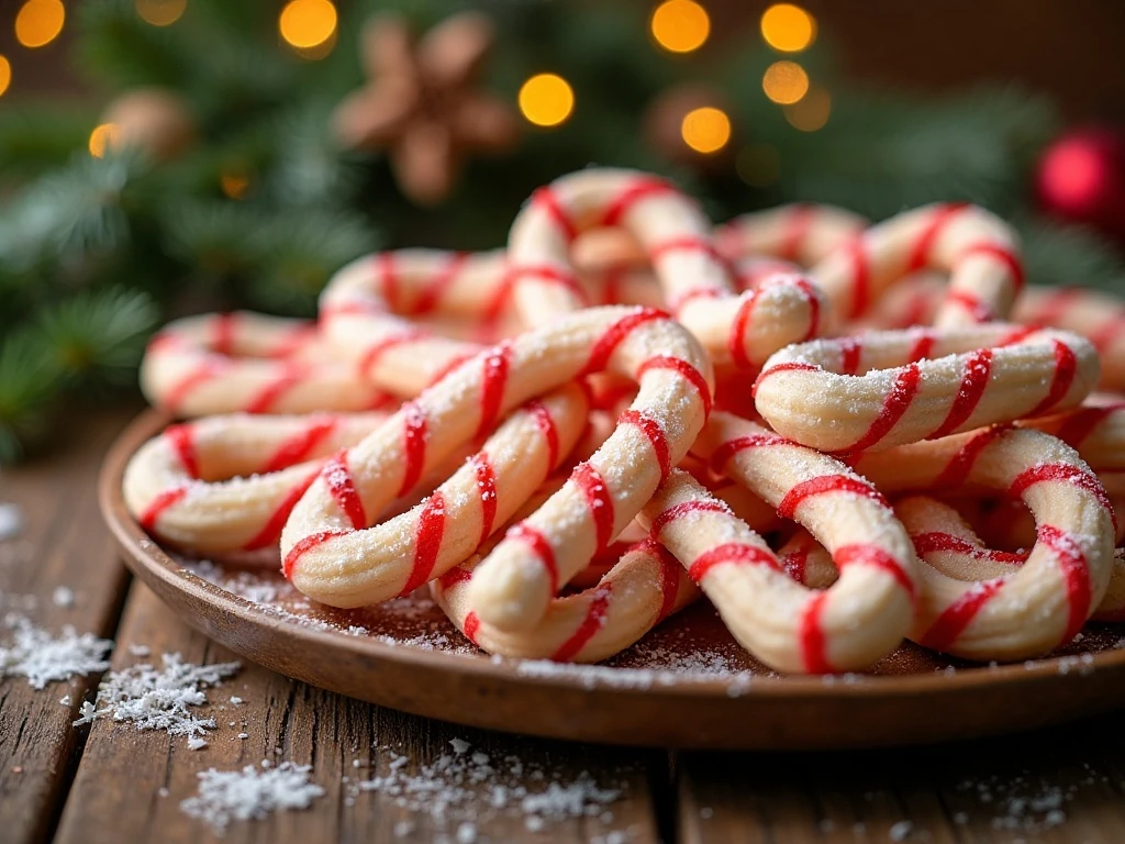 Festive red and white candy cane sugar cookies on a holiday platter