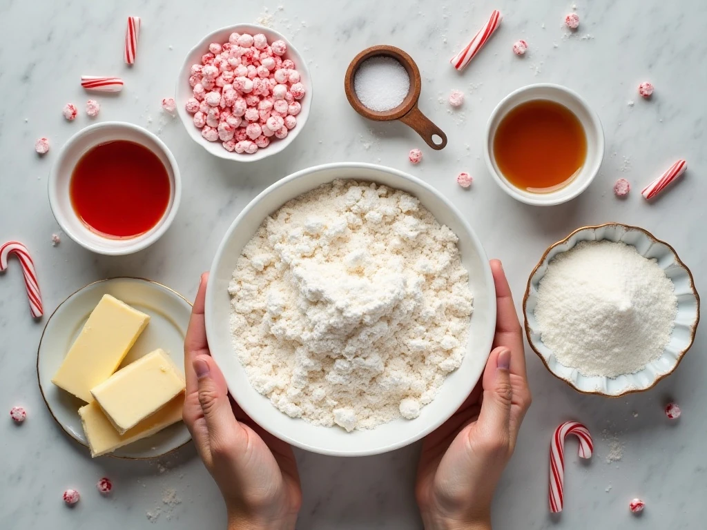 Ingredients for candy cane sugar cookies arranged for baking