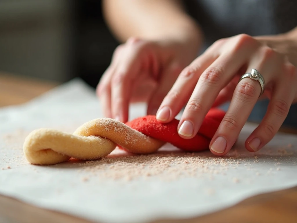Red and plain cookie dough ropes being twisted into candy cane cookies
