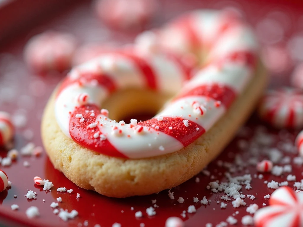 Close-up of peppermint-decorated candy cane sugar cookie