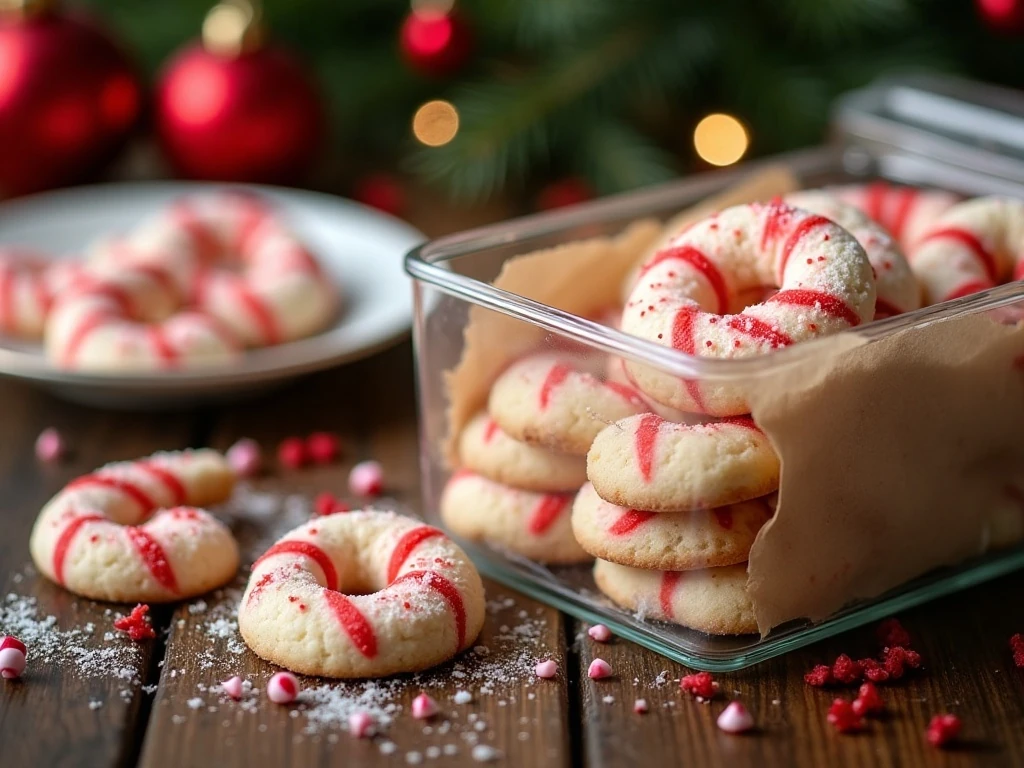 Candy cane sugar cookies stored in an airtight container