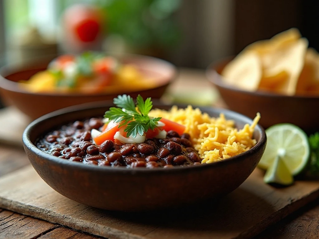 Easy seasoned canned black beans served with rice and tortillas
