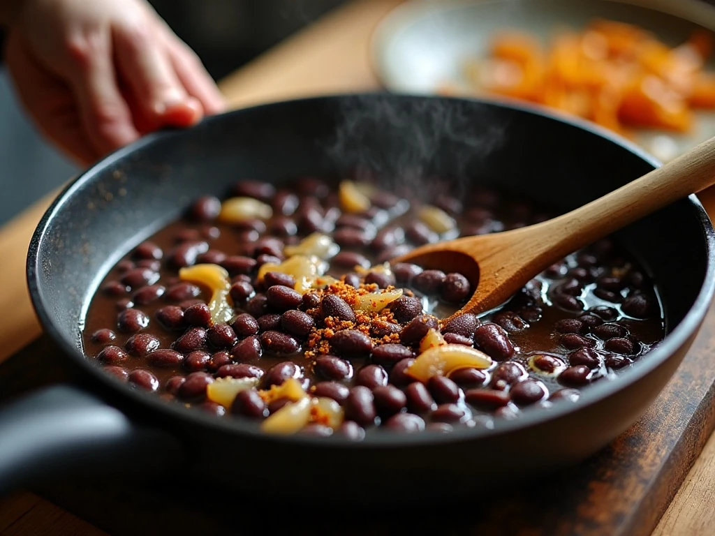 Black beans simmering with onion, garlic, and spices