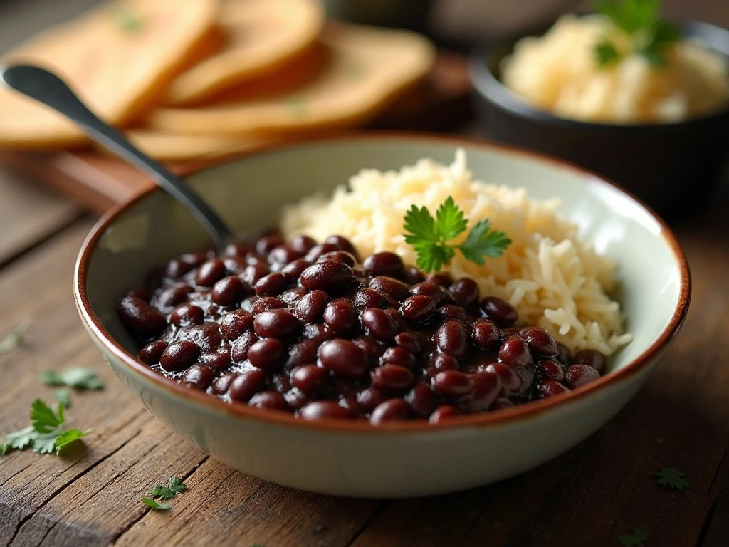 Stored and reheated seasoned black beans ready to serve