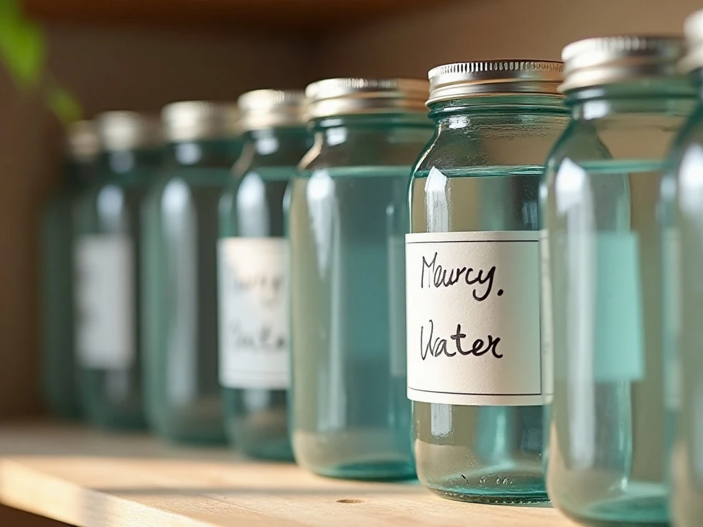 Seven sealed jars of home-canned emergency water stored on a pantry shelf