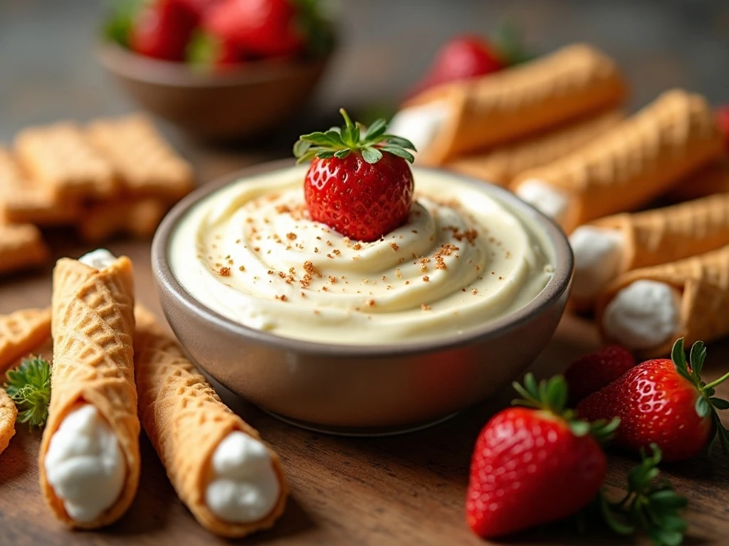 Creamy cannoli dip served with cookies, cone pieces, cannoli shells, and fruit