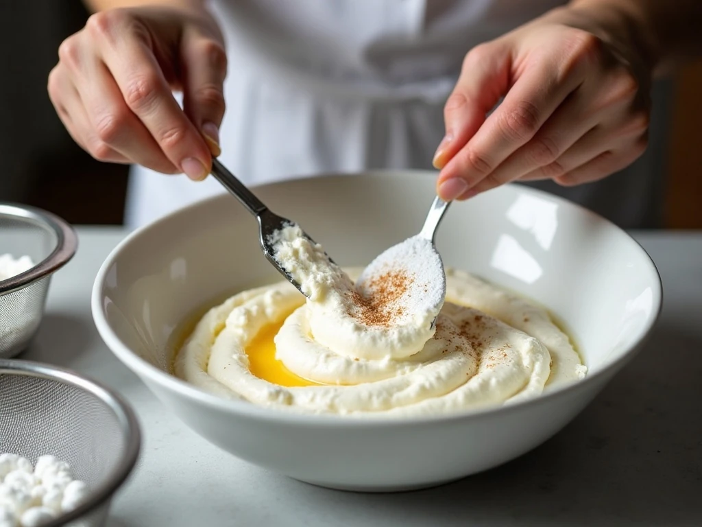 Mixing ricotta and mascarpone to make creamy cannoli dip