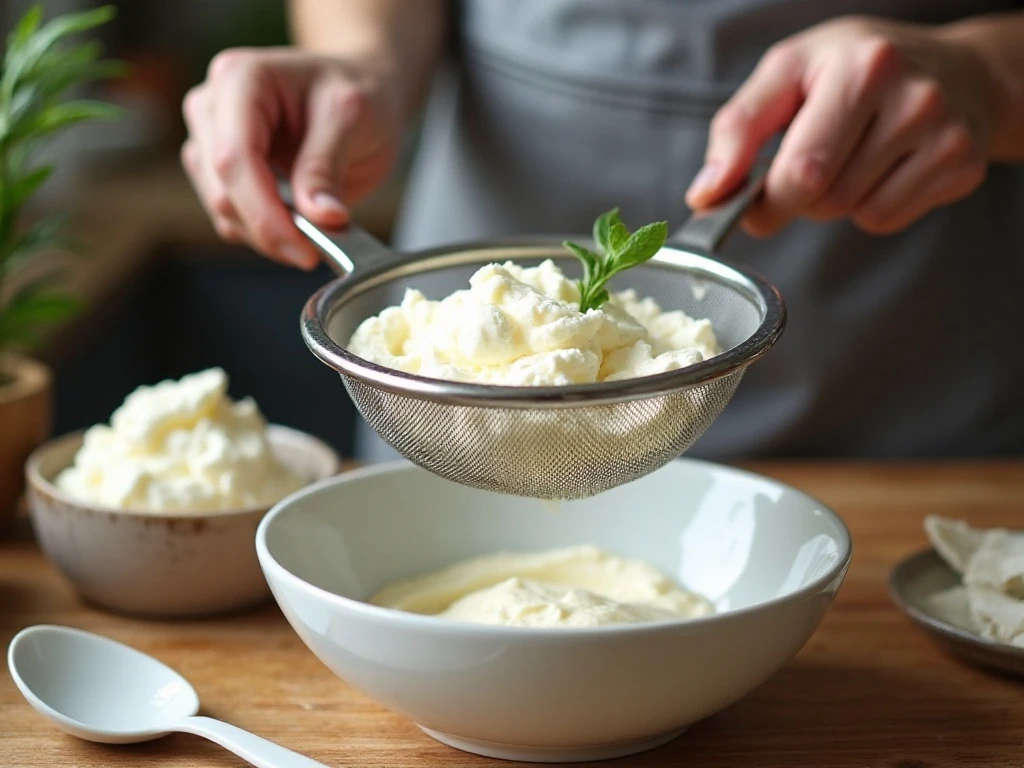 Draining ricotta to create thick cannoli dip