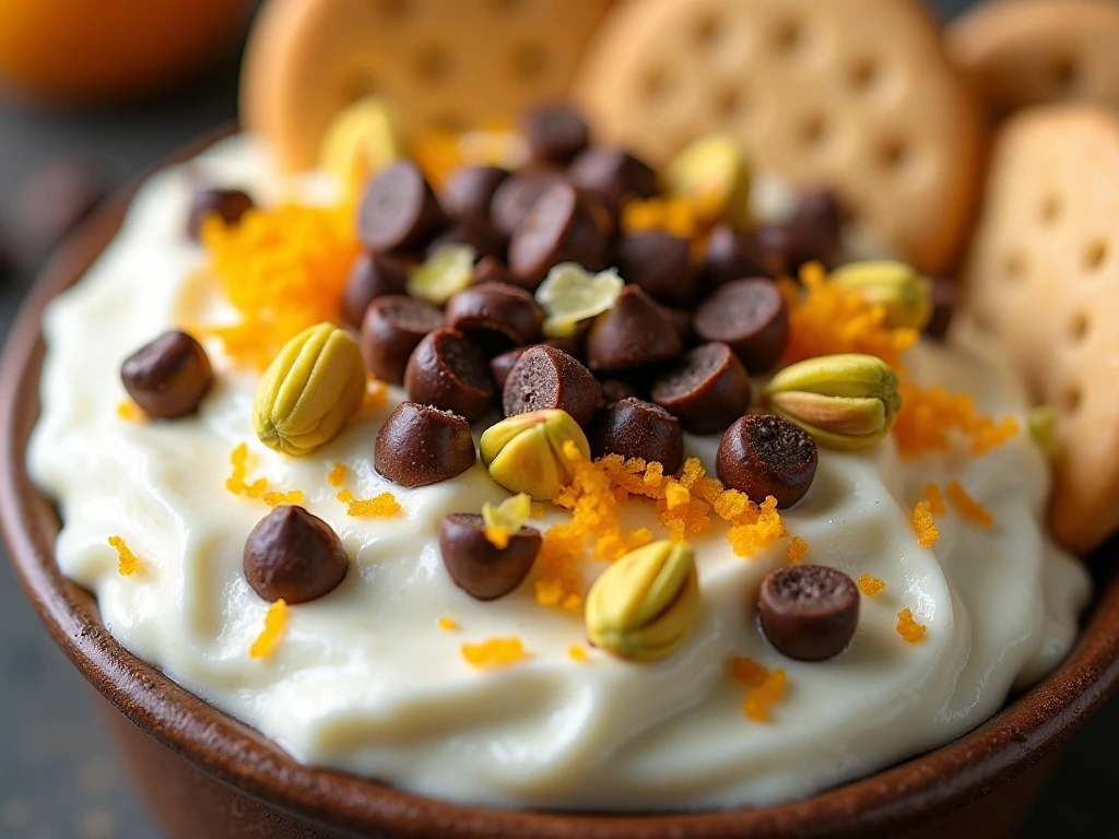 Cannoli dip topped with chocolate chips pistachios and orange zest