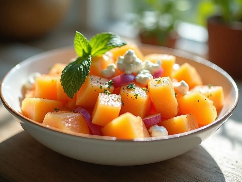 Refreshing cantaloupe salad with feta, mint, red onion, and lime dressing