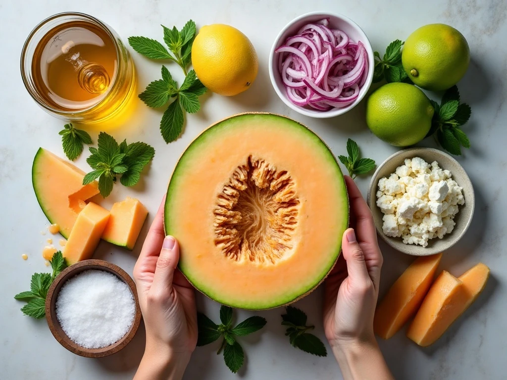 Ingredients for cantaloupe feta mint salad