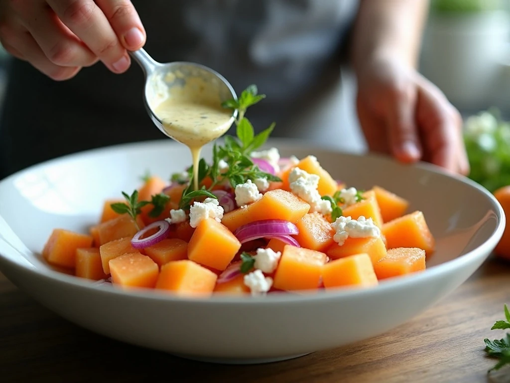 Gently tossing cantaloupe salad with lime dressing