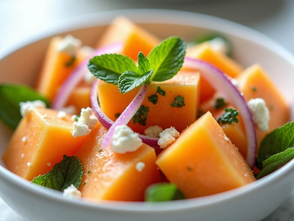 Close-up of cantaloupe salad texture and fresh mint garnish
