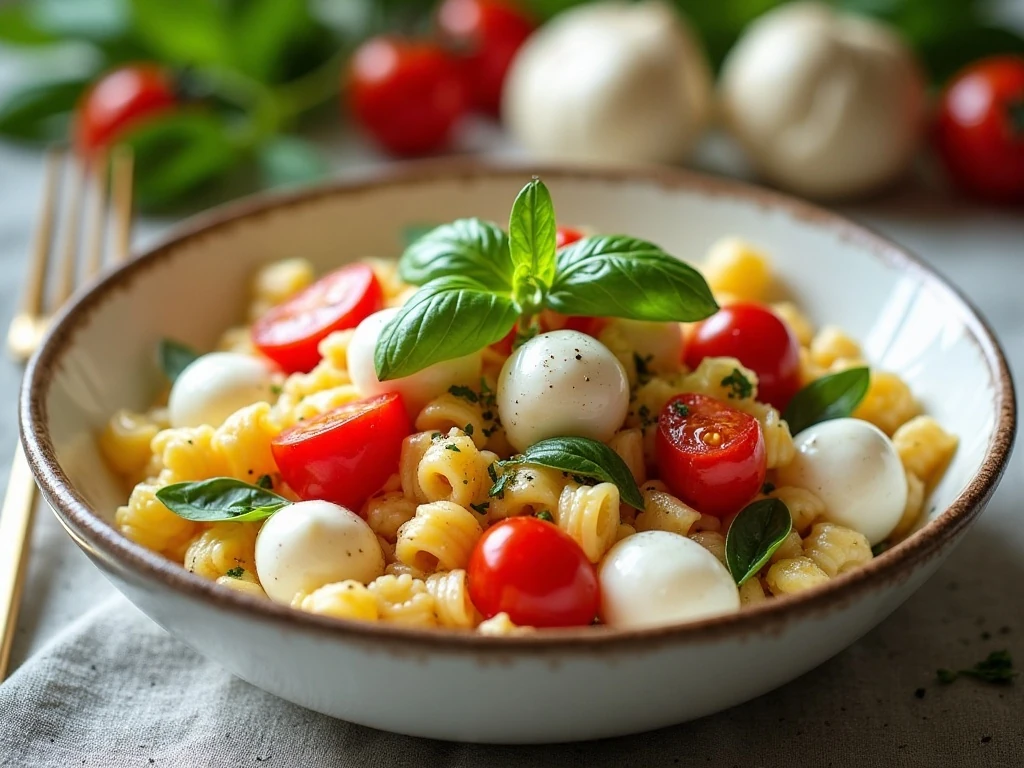 Fresh Caprese pasta salad in a serving bowl with tomatoes, mozzarella, and basil