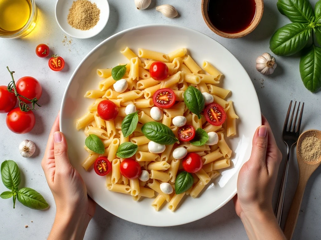 Caprese pasta salad ingredients arranged for preparation