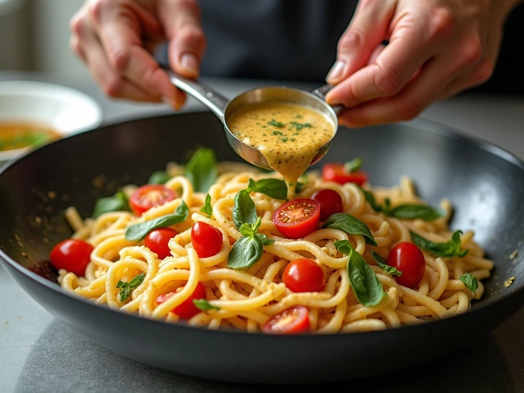 Tossing pasta salad ingredients with vinaigrette in a mixing bowl