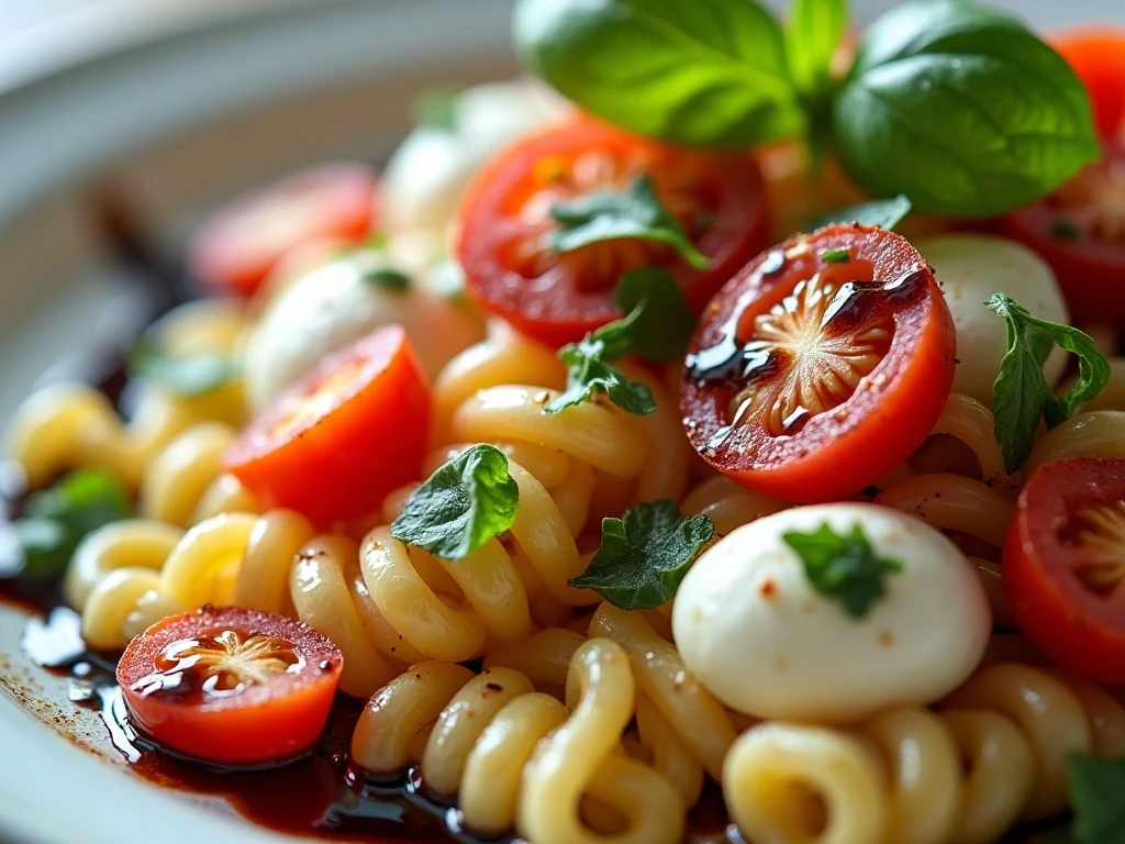 Close-up of Caprese pasta salad texture and balsamic glaze