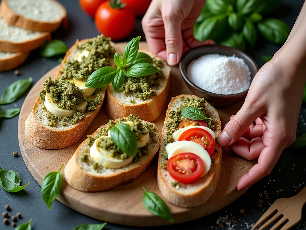 Ingredients for Caprese pesto grilled cheese arranged on a kitchen board