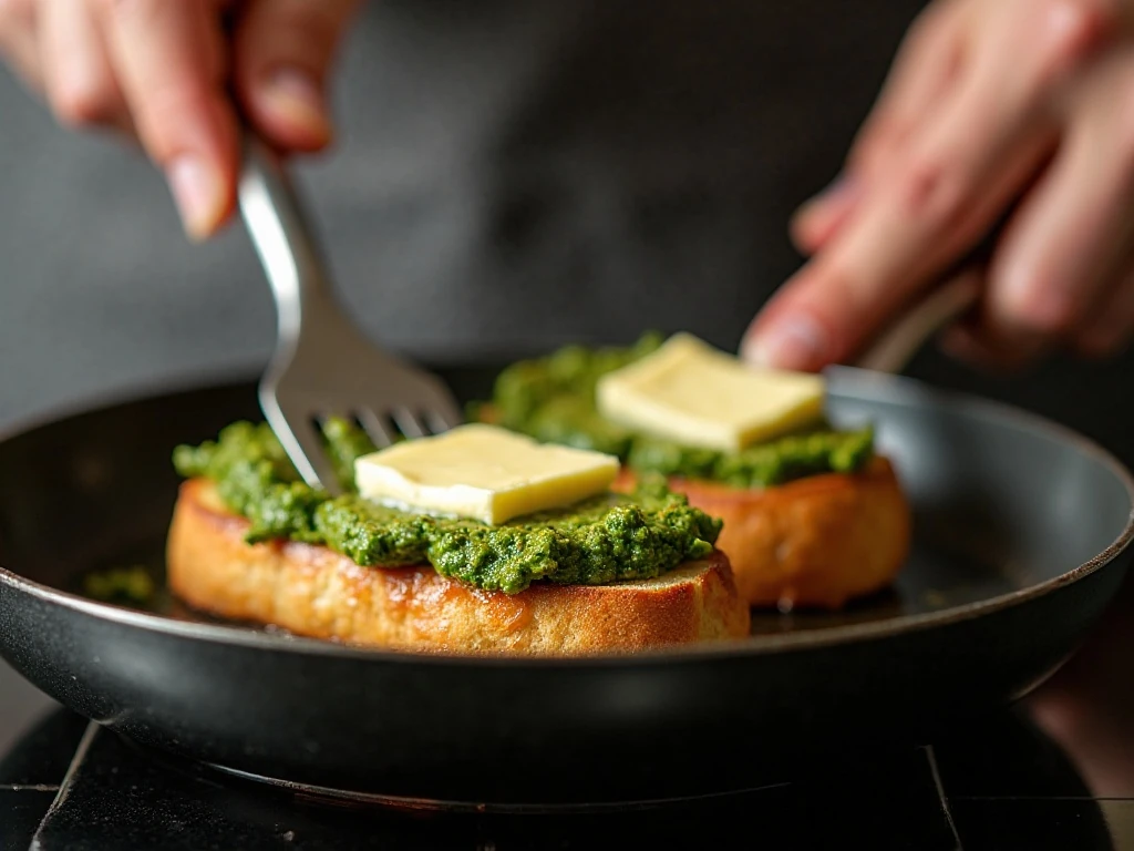 Caprese pesto grilled cheese sandwiches cooking in a skillet