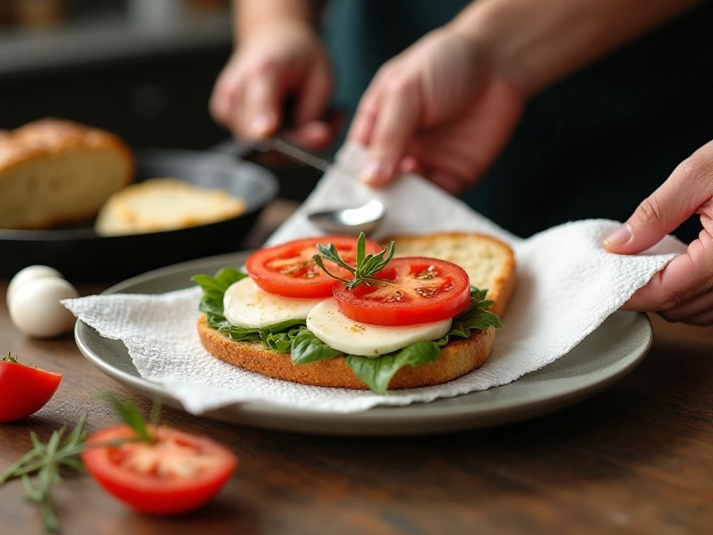 Dry tomato and mozzarella prepared for a crisp grilled cheese sandwich