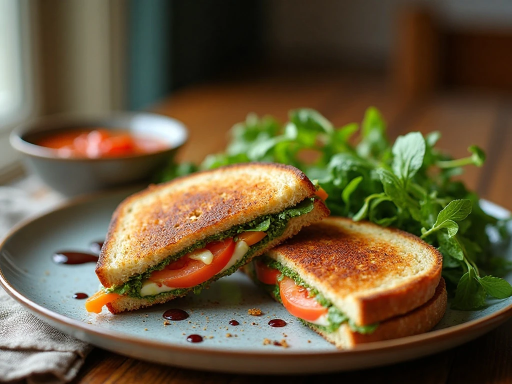 Caprese pesto grilled cheese served with salad and tomato soup
