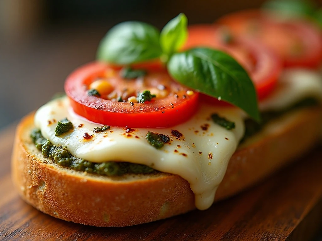 Close-up of melted mozzarella, tomato, pesto, and basil in grilled cheese