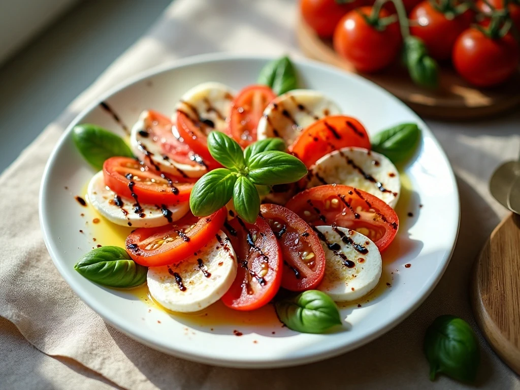 Finished Caprese salad with tomato, mozzarella, basil, olive oil, and balsamic glaze