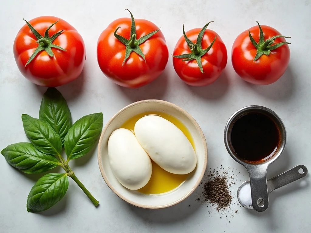 Ingredients for easy Caprese salad with balsamic glaze