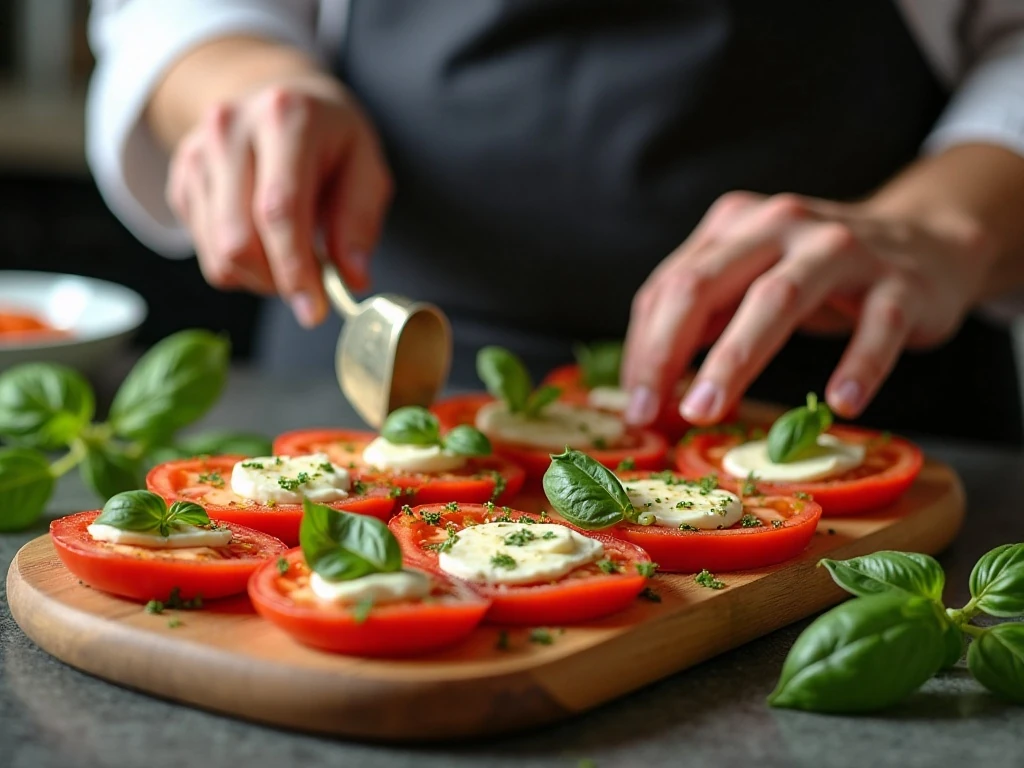 Arranging tomato, mozzarella, and basil for Caprese salad