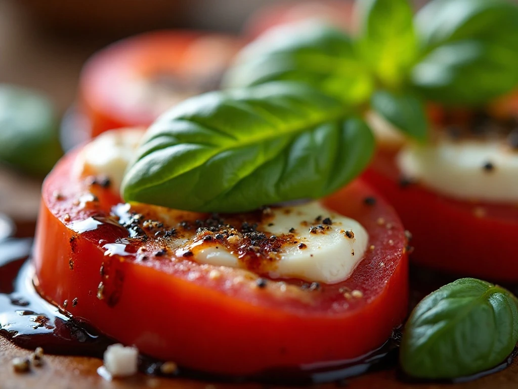 Close-up of basil, mozzarella, tomato, and balsamic glaze