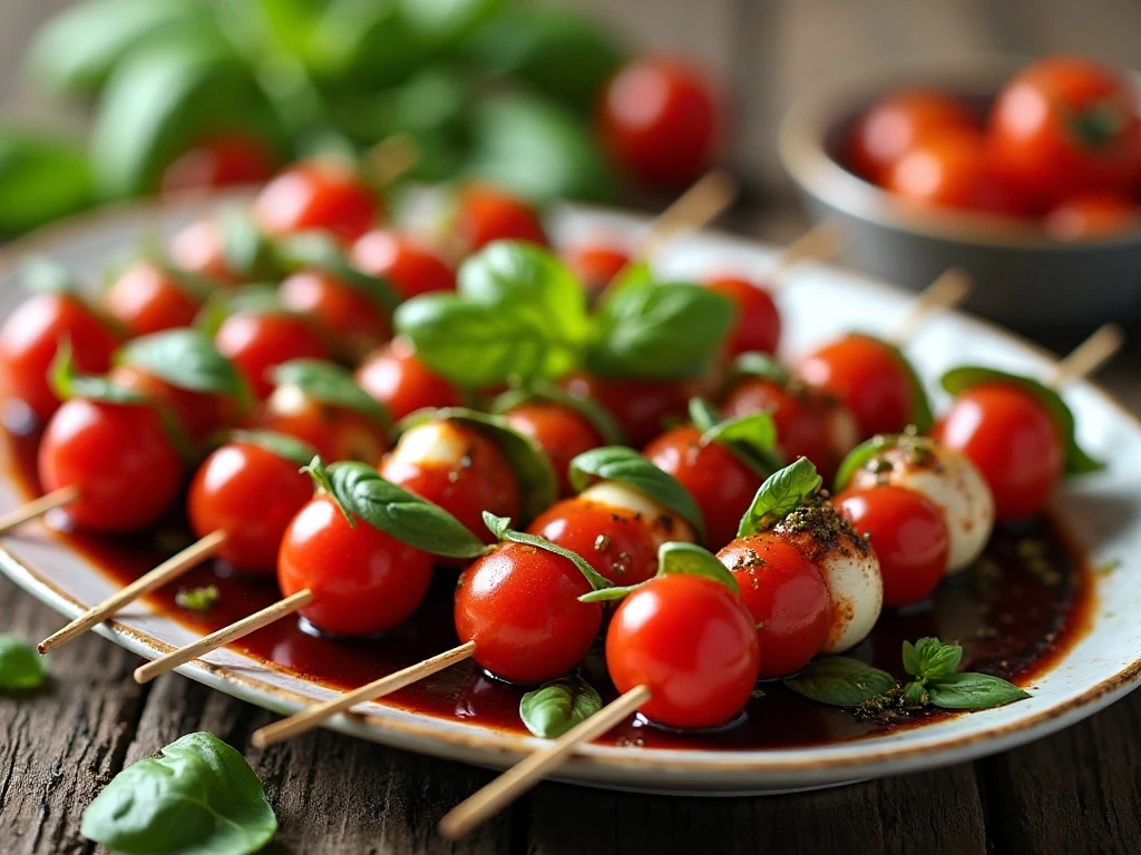 Colorful Caprese skewers arranged on a party platter