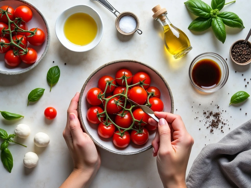 Ingredients for Caprese skewers arranged in a flat lay