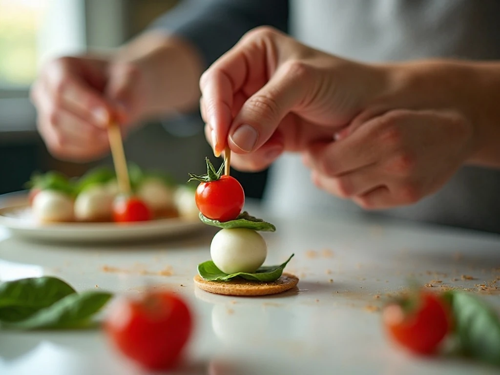Assembling tomato basil and mozzarella Caprese skewers