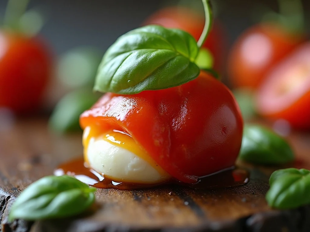Close-up of a fresh Caprese skewer with balsamic glaze