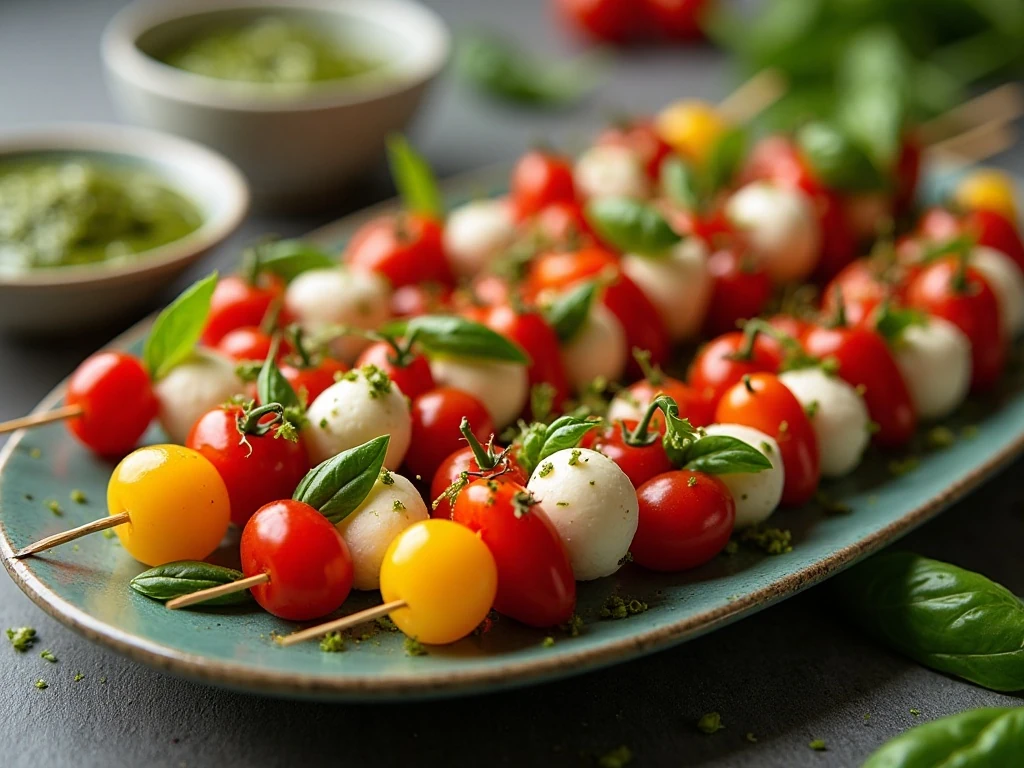 Caprese skewers with almond pesto dipping sauce arranged on a platter