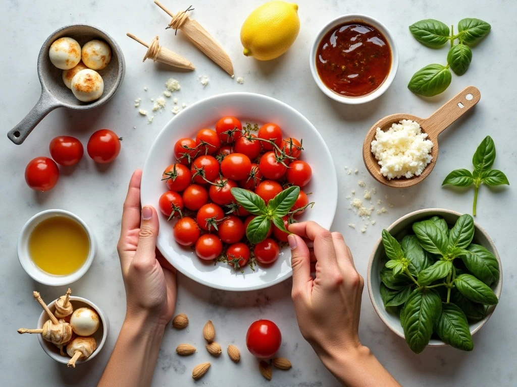 Ingredients for Caprese skewers and almond pesto