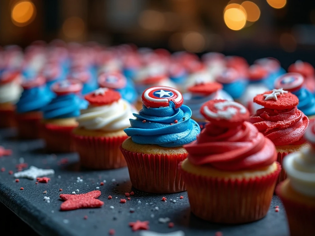 Captain America Civil War cupcakes arranged for a movie-night dessert table