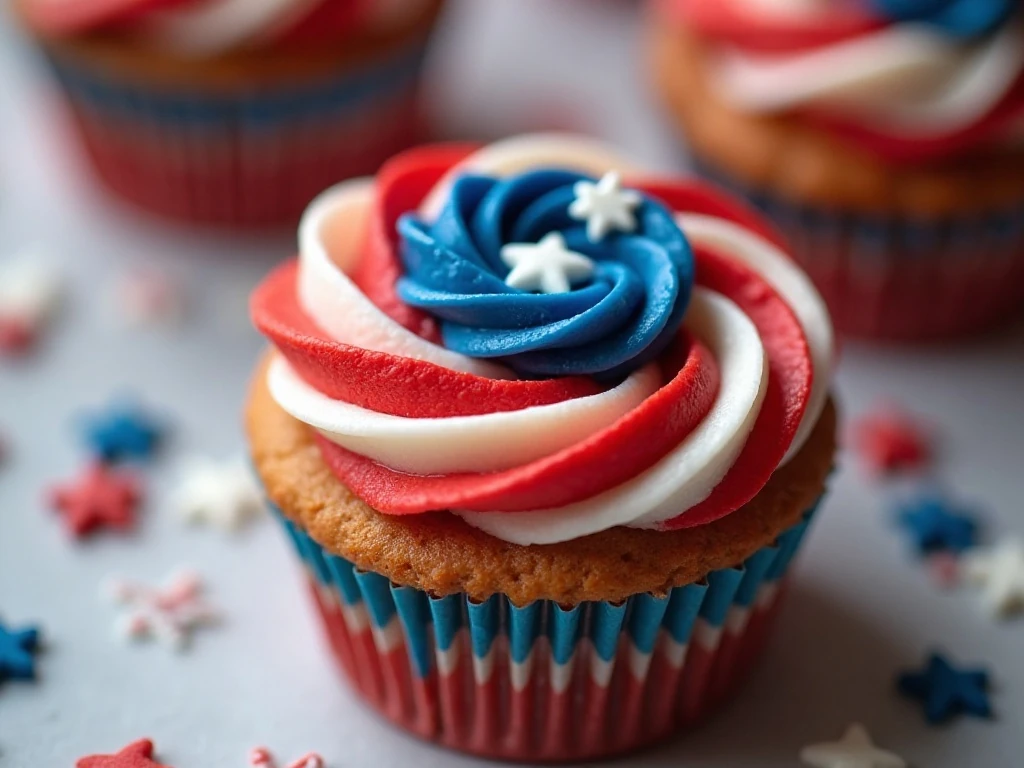 Close-up of a Captain America shield cupcake decoration